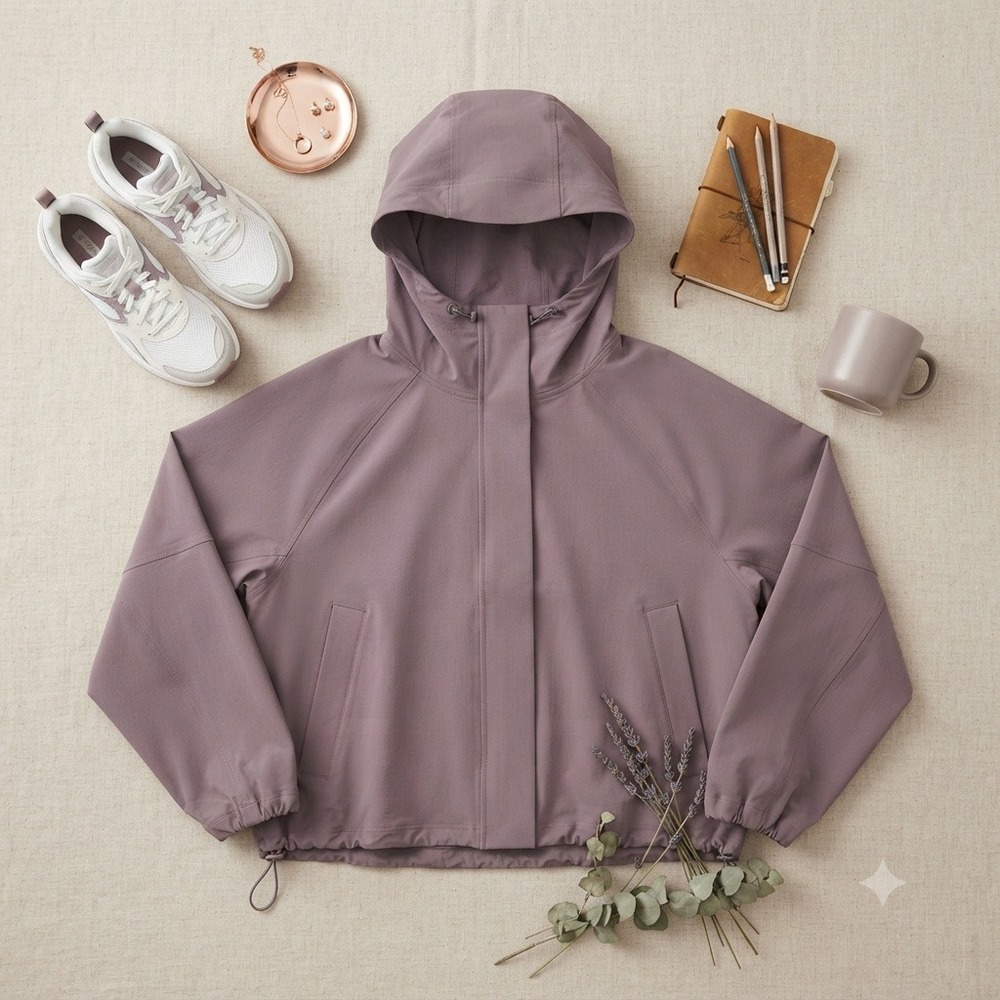FLX Womens Mauve Gray Hooded Windbreaker Full Zip Jacket Size L Stretch Active